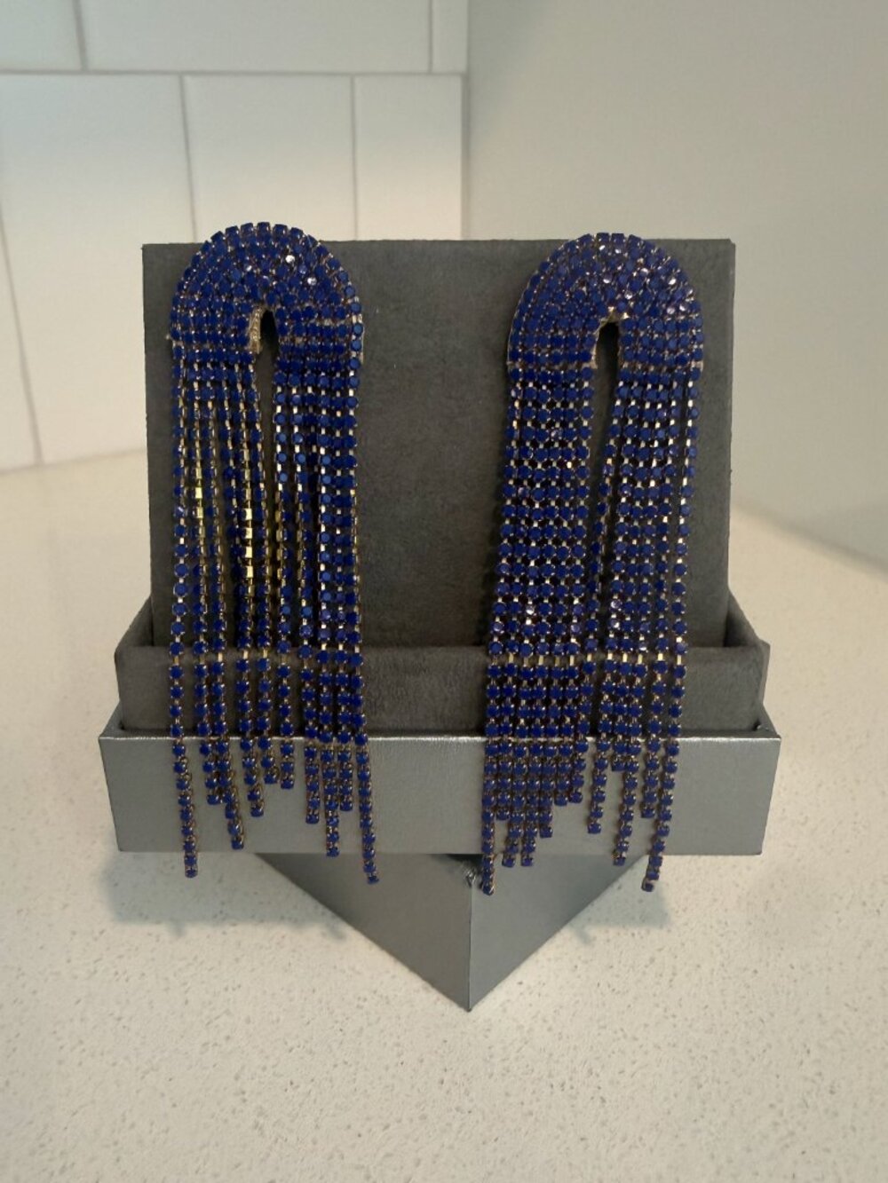 NWOT Deepa Gurnani Adina Beaded Chandelier Earrings Blue Crystal Fringe